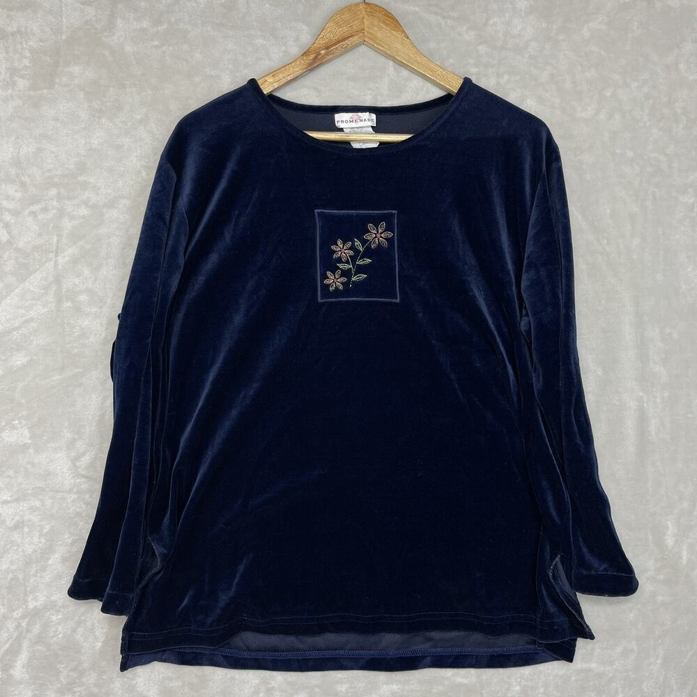 Vintage 90s Promenade Midnight Blue Velvet L/S Top Size Large Cottagecore